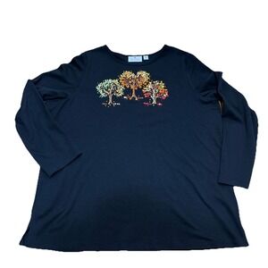 Quacker Factory Black Autumn Leaf Design Long Sleeve Top Womens Size 1X